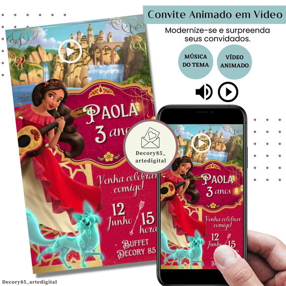 Convite em Vídeo Elena de Avalor Animado com Música Digital