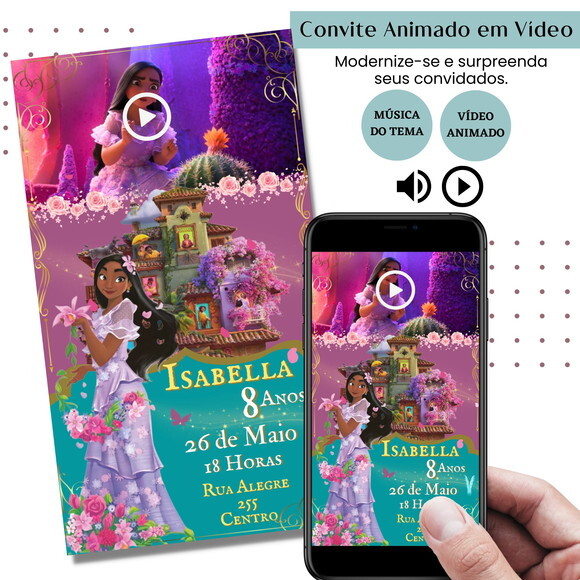 Convite em Vídeo Encanto Isabela Animado com Música Digital