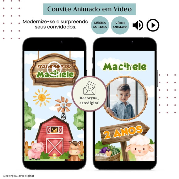 Convite em Vídeo Fazendinha Animado com Música Digital