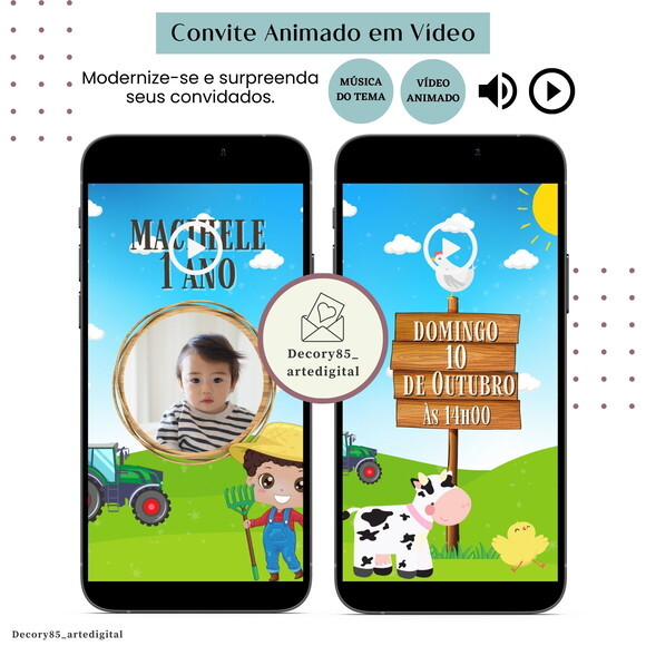 Convite em Vídeo Fazendinha Menino Animado Música Digital