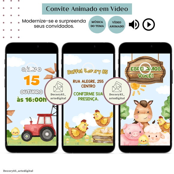 Convite em Vídeo Fazendinha Animado com Música Digital