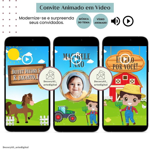 Convite em Vídeo Fazendinha Menino Animado Música Digital