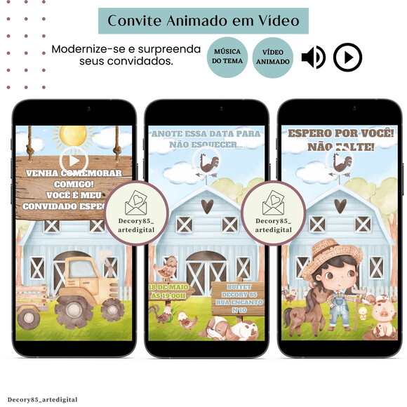 Convite em Vídeo Fazendinha Menino Animado Música Digital