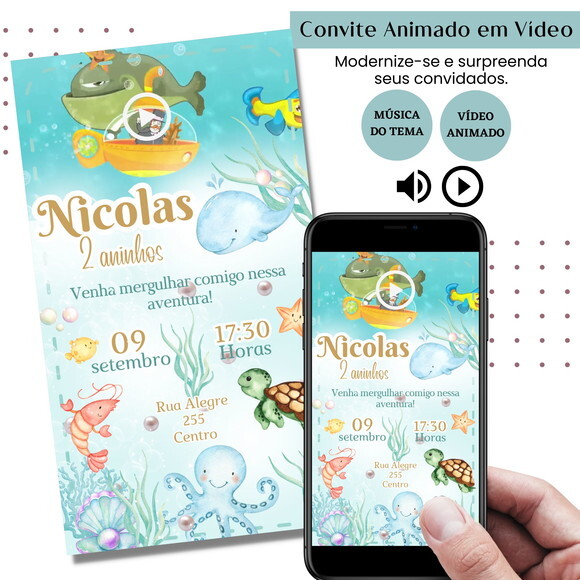 Convite em Vídeo Fundo do Mar Animado com Música Digital