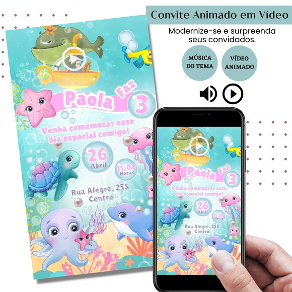 Convite em Vídeo Fundo do Mar Animado com Música Digital