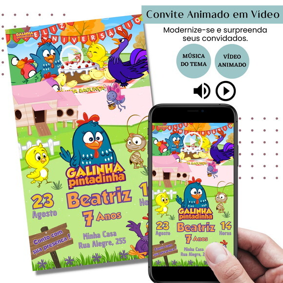 Convite em Vídeo Galinha Pintadinha Animado com Música