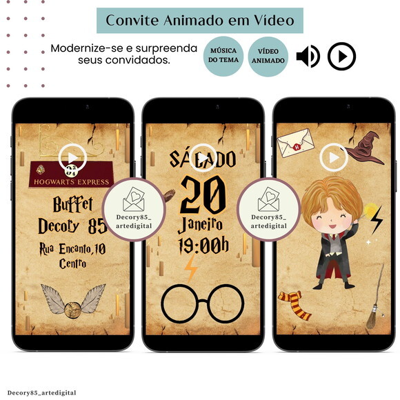 Convite em Vídeo Harry Potter Animado com Música Digital