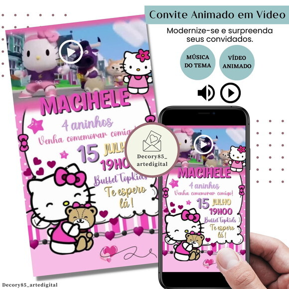 Convite em Vídeo Hello Kitty Animado com Música Digital