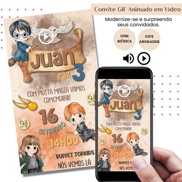 Convite em Vídeo Harry Potter Animado Gif com Música Digital
