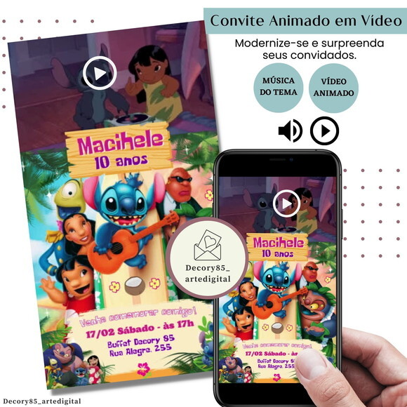 Convite em Vídeo Lilo & Stitch Animado com Música Digital