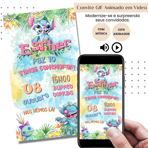 Convite em Vídeo Lilo & Stitch Animado Gif Música Digital
