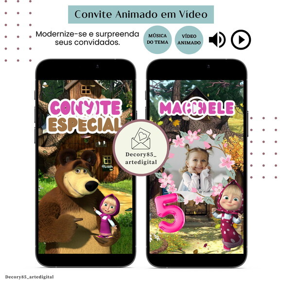 Convite em Vídeo Marsha e o Urso Animado com Música Digital