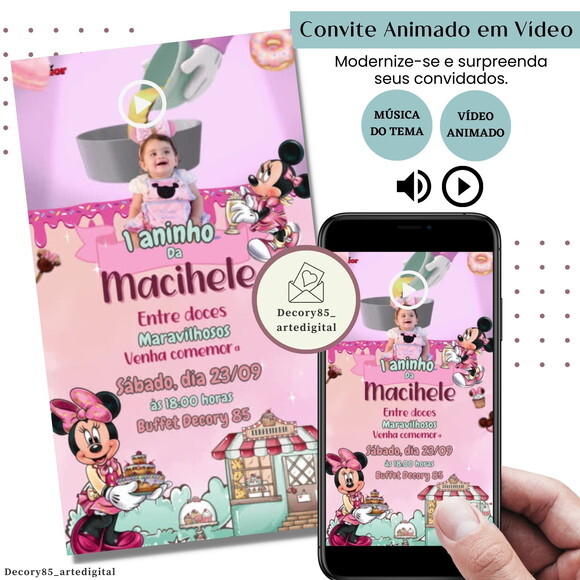 Convite em Vídeo Minnie Confeitaria Animado Música Digital
