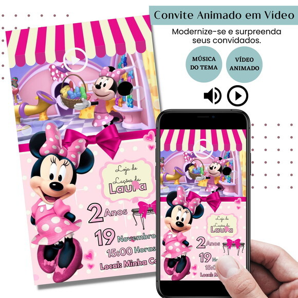 Convite em Vídeo Minnie Rosa Animado com Música Digital