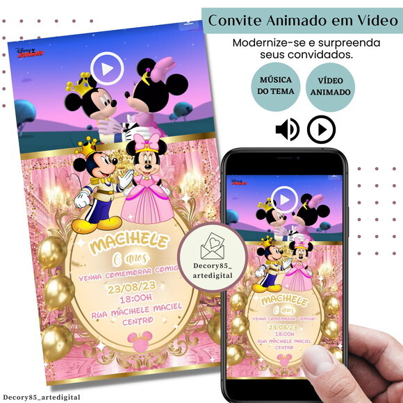 Convite em Vídeo Minnie Realeza Digital Animado com Música