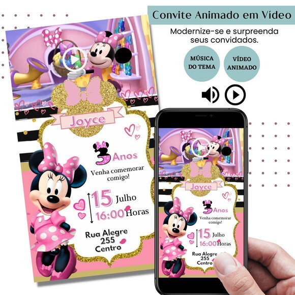 Convite em Vídeo Minnie Rosa Animado com Música Digital