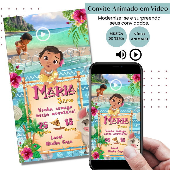 Convite em Vídeo Moana Baby Animado com Música Digital