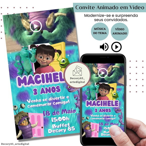 Convite em Vídeo Monstros S.a. Animado com Música Digital