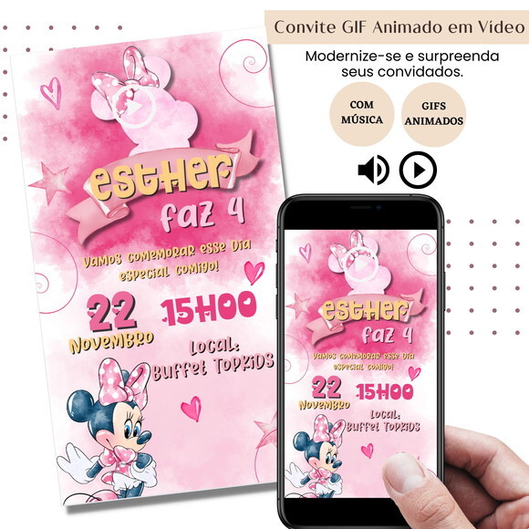Convite em Vídeo Minnie Rosa Animado Gif Música Digital