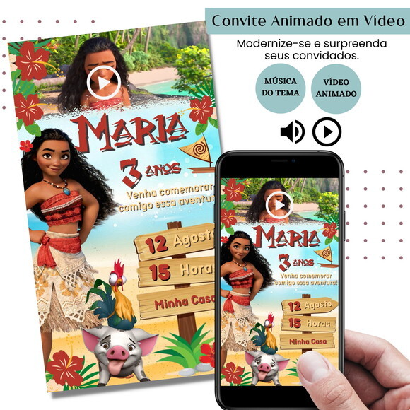 Convite em Vídeo Moana Animado com Música Digital
