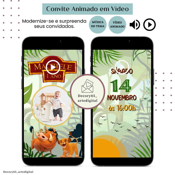 Convite em Vídeo o Rei Leão Simba Animado com Música Digital