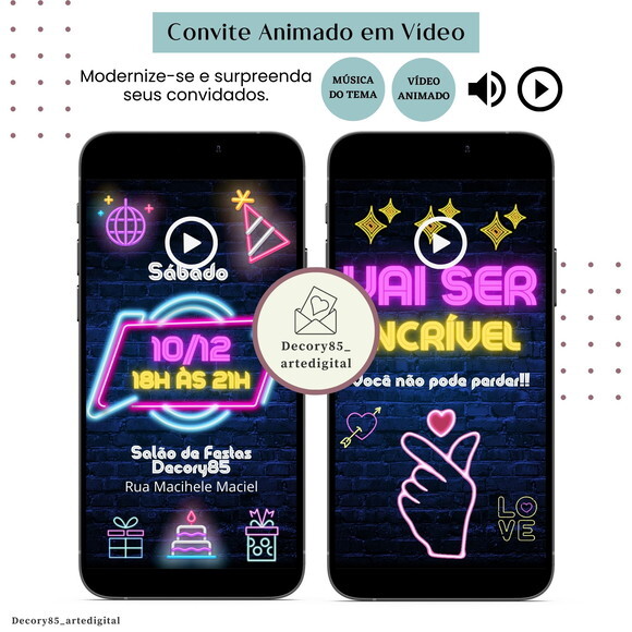 Convite em Vídeo Neon Balada Animado com Música Digital