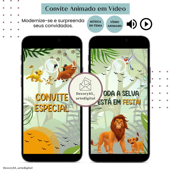 Convite em Vídeo o Rei Leão Simba Animado com Música Digital