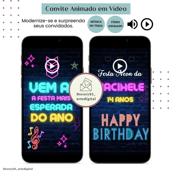 Convite em Vídeo Neon Balada Animado com Música Digital