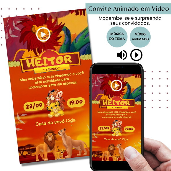 Convite em Vídeo o Rei Leão Simba Animado com Música Digital