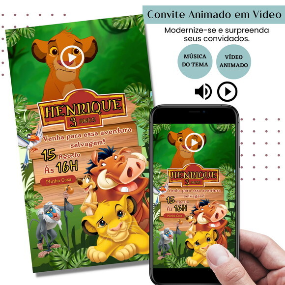 Convite em Vídeo o Rei Leão Simba Animado com Música Digital