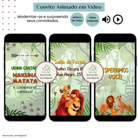 Convite em Vídeo o Rei Leão Simba Animado com Música Digital