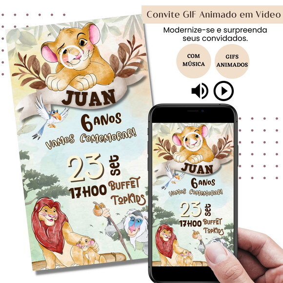 Convite em Vídeo o Rei Leão Simba Animado Gif Música Digital