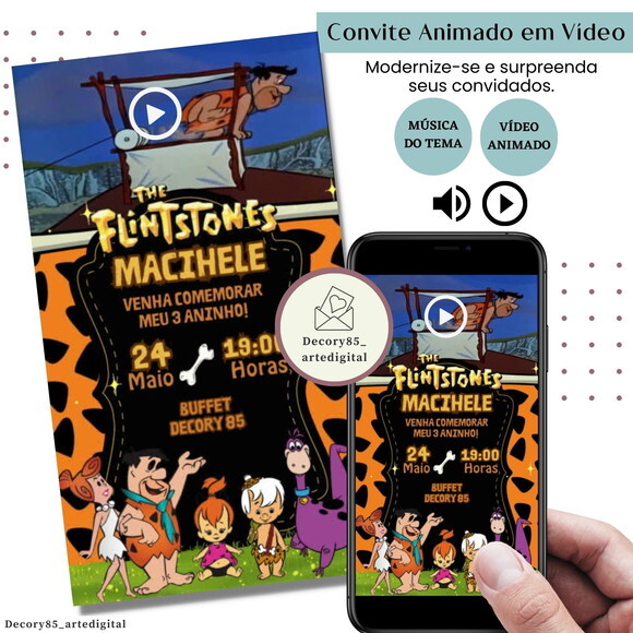 Convite em Vídeo os Flintstones Animado com Música Digital