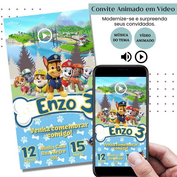 Convite em Vídeo Patrulha Canina Animado Música Digital