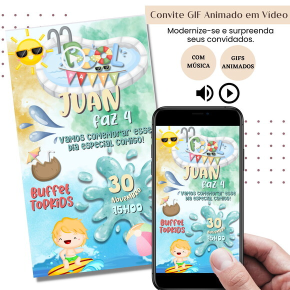 Convite em Vídeo Pool Party Animado Gif com Música Digital