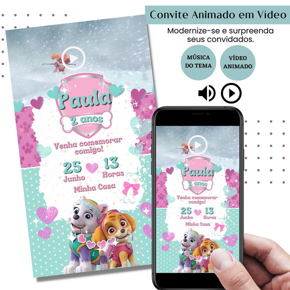 Convite em Vídeo Patrulha Canina Skye e Everest Animado