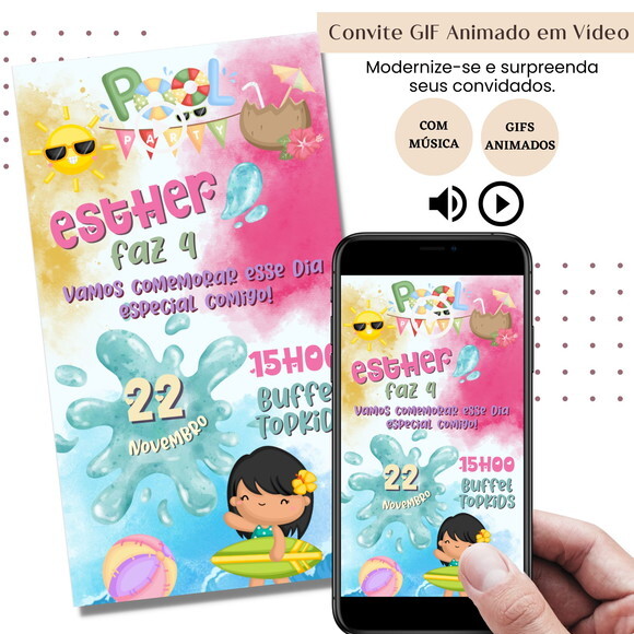 Convite em Vídeo Pool Party Animado Gif com Música Digital