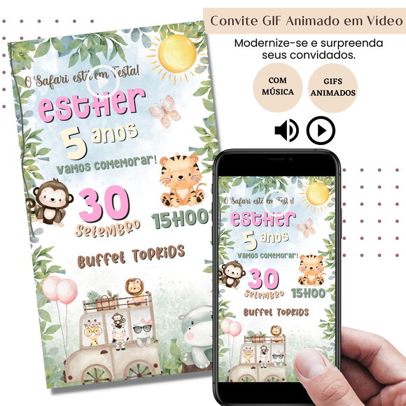 Convite em Vídeo Safari Animado Gif com Música Digital