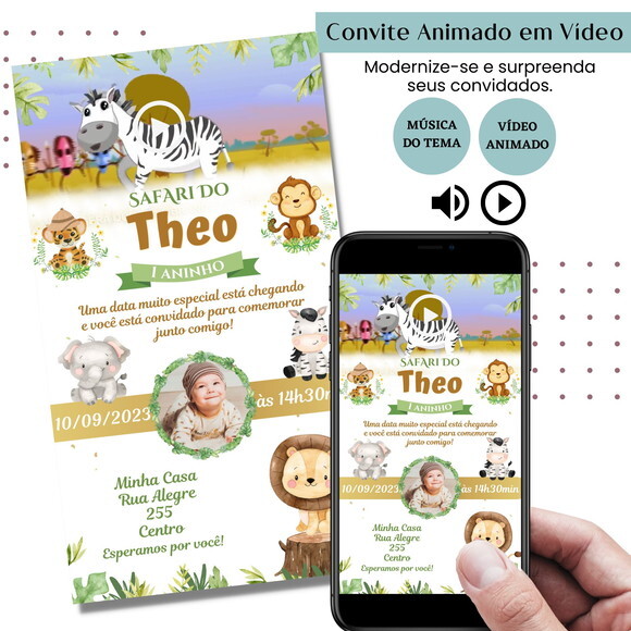 Convite em Vídeo Safari Animado com Música Digital