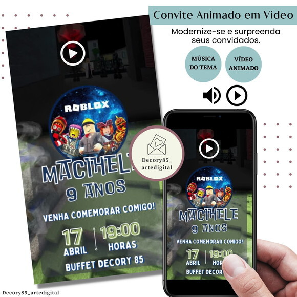Convite em Vídeo Roblox Animado com Música Digital