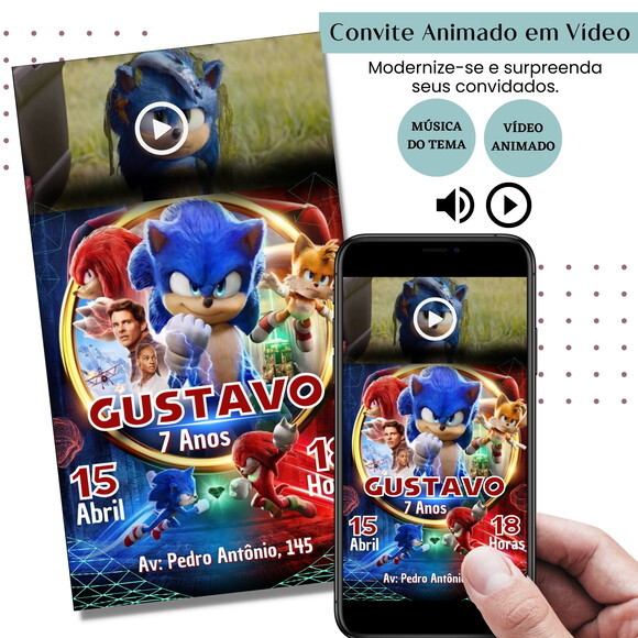 Convite em Vídeo Sonic Animado com Música Digital