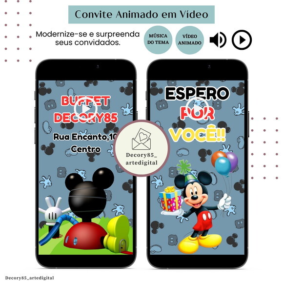 Convite em Vídeo Turma do Mickey Animado com Música Digital