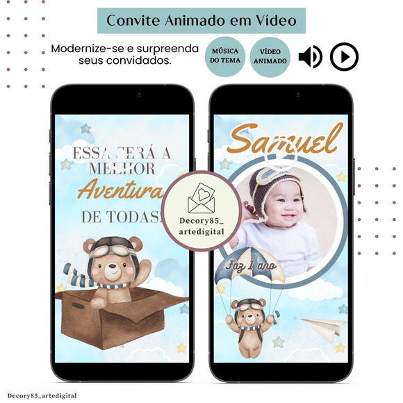 Convite em Vídeo Ursinho Balão Animado com Música Digital