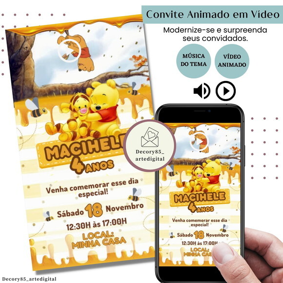 Convite em Vídeo Ursinho Pooh Puff Animado Música Digital