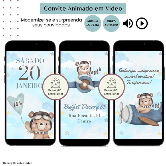 Convite em Vídeo Ursinho Balão Animado com Música Digital
