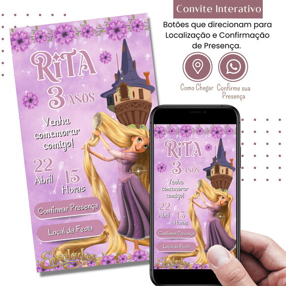 Convite Enrolados Rapunzel Digital Interativo Virtual