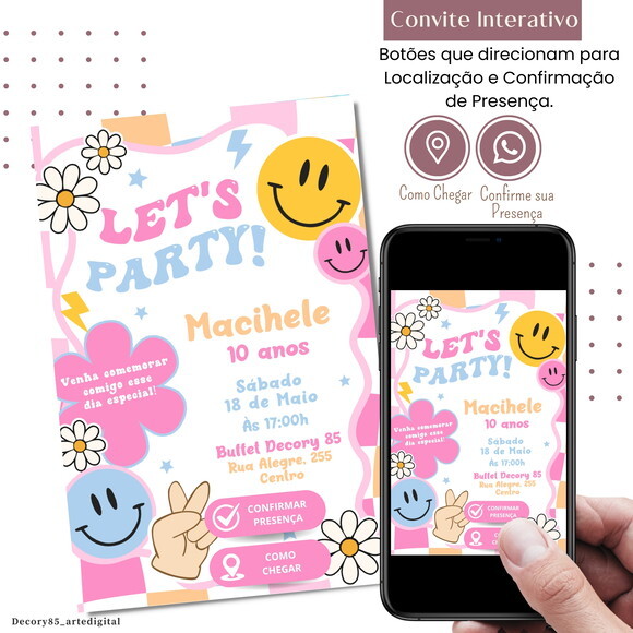 Convite Emoticon Smile Menina Colorido Interativo Digital