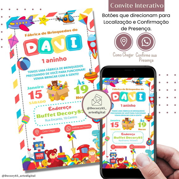 Convite Fábrica de Brinquedos Digital Interativo Virtual