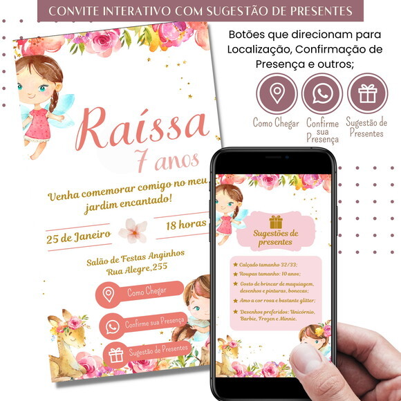 Convite Fadas Digital Interativo Sugestão de Presente