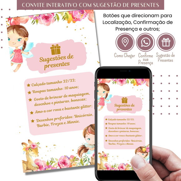 Convite Fadas Digital Interativo Sugestão de Presente